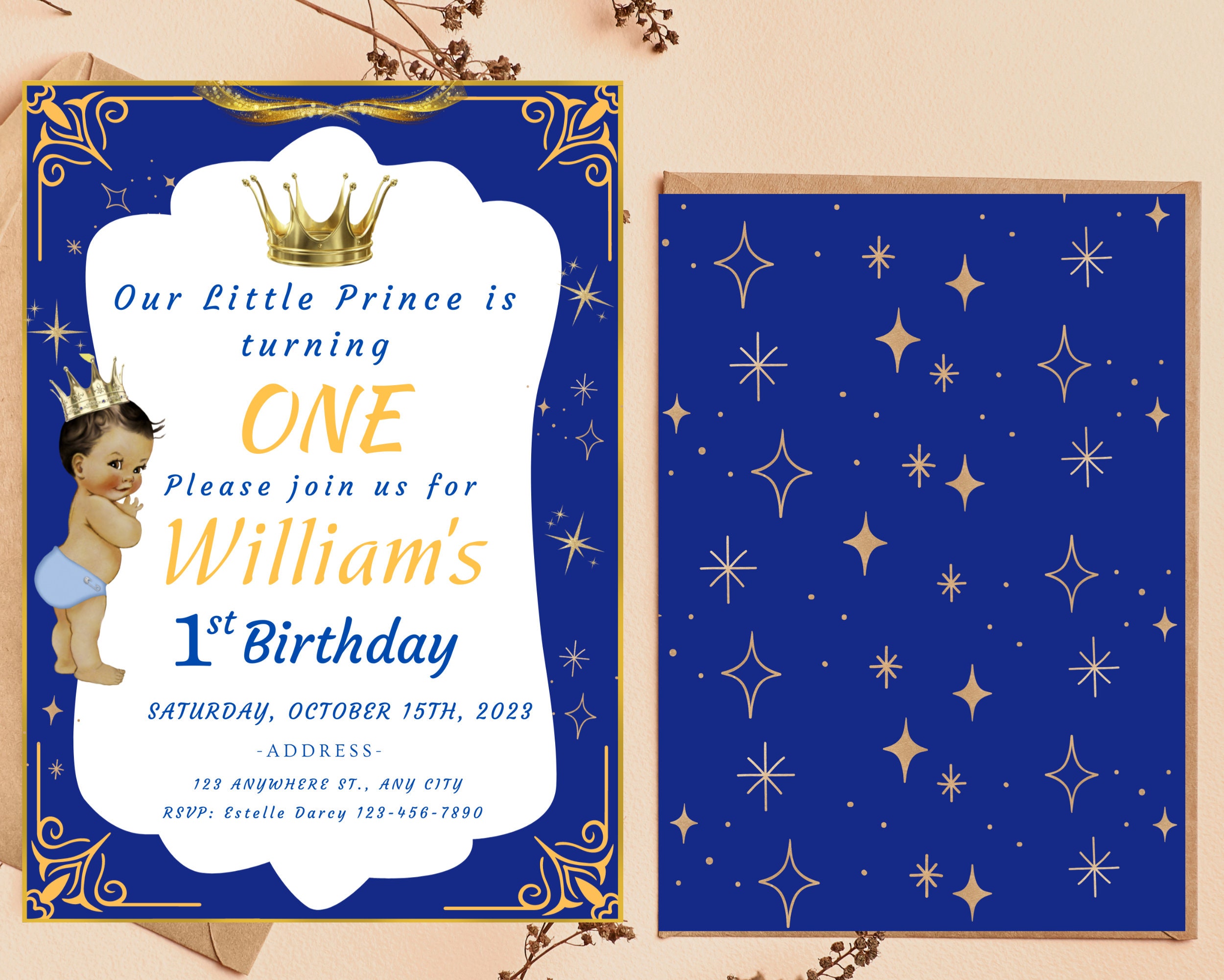Prince 1st Birthday Invitation Template, Royal Blue Gold Crown Party