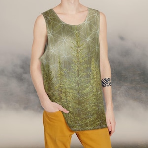 Grüne Heilige Geometrie Tank Top, Herren Nordische Wald Blume des Lebens Ärmelloses Shirt, Natur Boho Tank für Sommer Festival, Yoga, Meditation