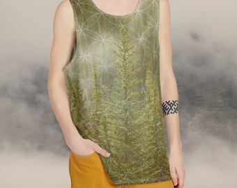 Green Sacred Geometry Tank Top, Men's Nordic Forest Flower of Life Sleeveless Shirt, Nature Boho Tank for Summer Festival, Yoga, Meditation