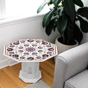 Handmade Octagon Marble Coffee Table: Floral Inlay Side Table