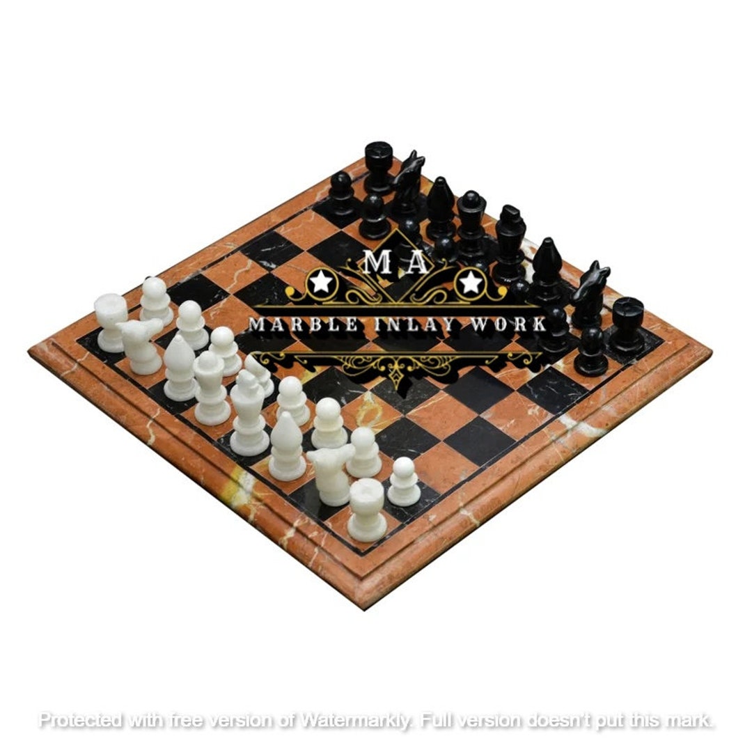 White Marble Top Chess Set, Handmade Center Top Chess Table, Playing