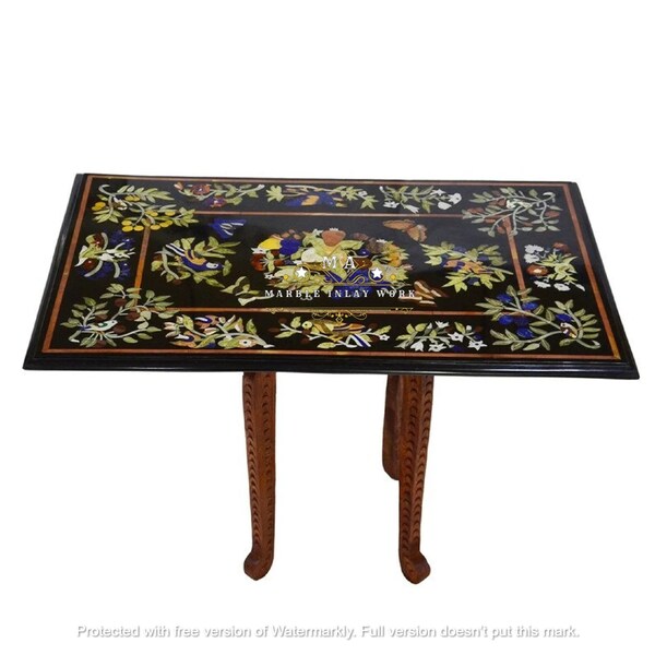 Black Marble Table Inlaid with Semi Precious Stone For Home and Office, Dinning Table Top, Coffee Table, Living Room Furniture, Mughal Art