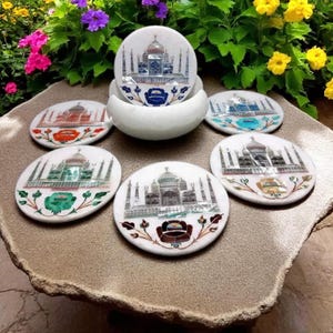 Coasters Set Of 6  Inlay,Stone Coaster,Drink Coasters, Living Room Deco,New Home Gift Natural Perfect Wedding Gift With Holder ,White Marble