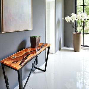 live edge console table, media tv console, narrow console table, tv stand, wood console walnut, entryway table, epoxy resin console