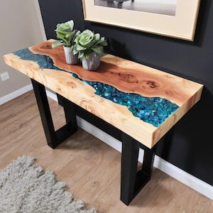 Handmade Epoxy Resin River Console Table: Rustic Wood Accent Furniture