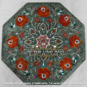 Pietra Dura Green Marble Table Top | Semi Precious Stones Inlay Work Handmade Pietra Dura Decorative Home Furniture