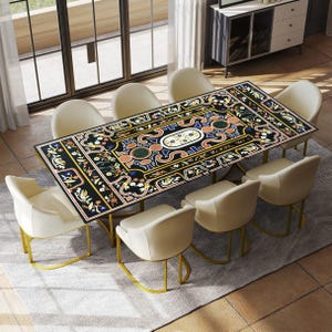 Black Marble Inlay Dining Table, Center Table Top Handmade Semi Precious Stone PIETRA DURA Inlay Work Art Decor,