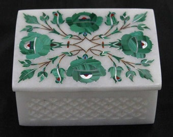 Marble Inlay Malachite Ring Box Pietra Dura Taj Mahal Marble Inlay Art Small Jewelry Storage Floral Keepsake Treasure Decorative Marble Box