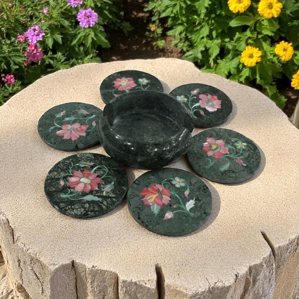 天然石 象嵌細工コースターセット（6枚組） インド ハンドメイド 美術工芸品 天然石 象嵌細工コースターセット（6枚組） インド ハンドメイド