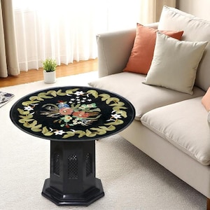 Black Marble Coffee Table, round marble table top, pietra dura art coffee table,