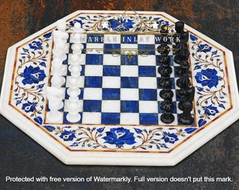 Handmade white Marble Chess Table Top With Chess Pieces Inlay  Marble Chess Board With Wooden Chess Pieces Set Handmade Inlay Art From India