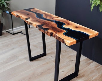 live edge console table, media tv console, narrow console table, tv stand, wood console walnut, entryway table, epoxy resin console