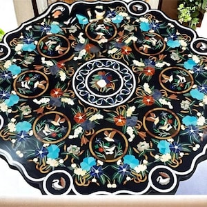 Black Marble Pietra Dura Table - Handcrafted Italian Inlay, Elegant Statement Piece, Luxury Home Decor, Dining & Living Room