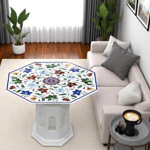 Handmade White Marble Coffee Table: Floral Inlay, Indian Art