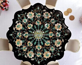 Black Marble Inlay work table Top Handmade Pietra Dura Table customized Table top