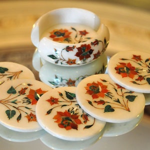 Coasters Set Of 6 With Holder - White Marble Inlay Coaster - Perfect Wedding Gifts