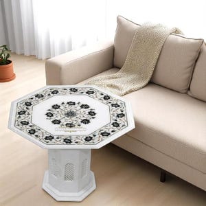 White Marble Coffee Table Top: Semiprecious Stone Inlay Art