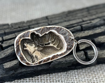 Engraved Moose Antler Keyring, Deer Totem, Handmade Keychain