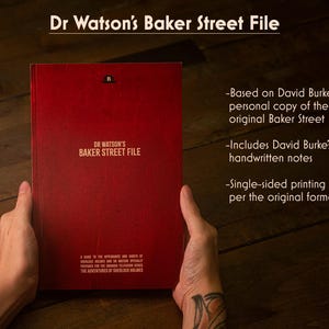 May include: A red book titled Dr Watson's Baker Street File with a small black hat icon. The cover text includes details about the appearance and habits of Sherlock Holmes and Dr Watson for the Granada television series The Adventures of Sherlock Holmes.