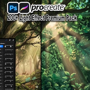 以下が含まれることがあります： 「200+ Light Effect Premium Pack」のテキストが入ったデジタルアートパック。木々の間から太陽光が差し込む森の風景が特徴です。ProcreateとPhotoshopのロゴが含まれています。