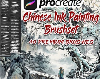 Chinese Ink Painting Procreate Brushes, Landscape Mountains Forest Stamps (Digital Art)