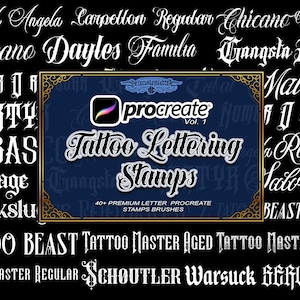 Pode incluir: Um produto de arte digital com carimbos de letras de tatuagem para Procreate. A imagem mostra vários estilos de fonte e o logotipo Procreate, com texto que inclui "Tattoo Lettering Stamps" e "40+ Premium Letter Procreate Stamps Brushes."