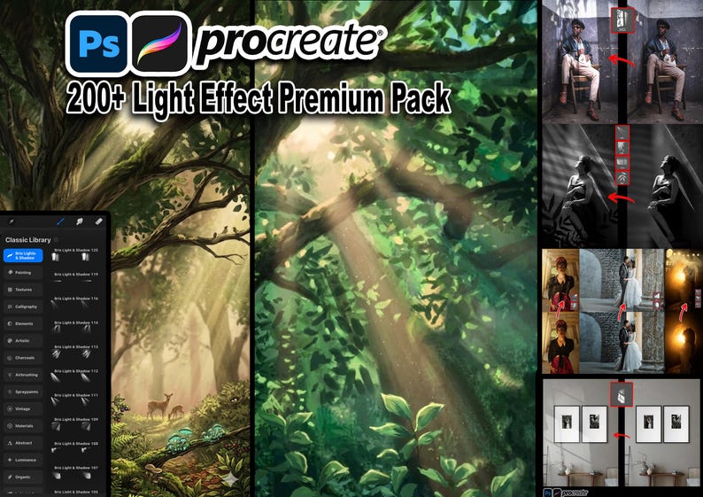 May include: Digital art pack with the text "200+ Light Effect Premium Pack" featuring a forest scene with sunlight streaming through the trees. Includes a Procreate and Photoshop logo.