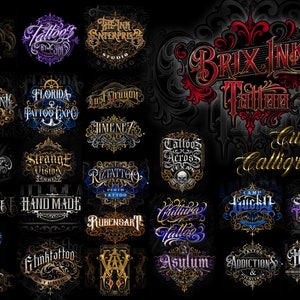 Creador de logotipos, diseño de letras personalizadas, monogramas, logotipos de tiendas de tatuajes, diseño de camisetas, fuente gótica de letras negras, caligrafía personalizada.