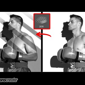 May include: A monochrome image featuring a boxer in red and black boxing gloves and shorts. The boxer stands before a white wall with striped shadows. The image includes the text "2030" and the logos for "Ps" and "procreate".