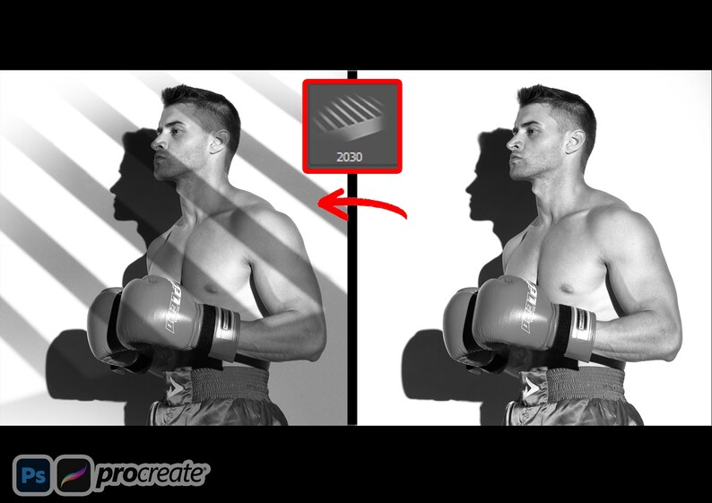 May include: A monochrome image featuring a boxer in red and black boxing gloves and shorts. The boxer stands before a white wall with striped shadows. The image includes the text "2030" and the logos for "Ps" and "procreate".