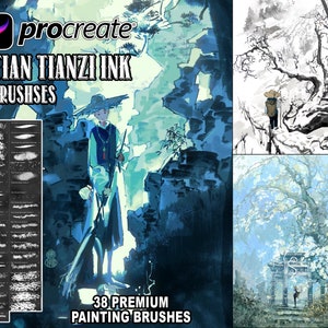 Tian Tianzi Ink Premium Procreate Brushes, Chinese Painting Brush, Ink Mountain Forest Plants Brushset and Stamp Digital Art