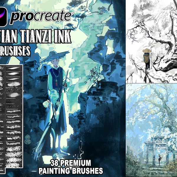 Tian Tianzi Ink Premium Procreate Brushes, Chinese Painting Brush, Ink Mountain Forest Plants Brushset and Stamp Digital Art