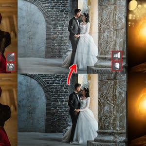 May include: A collection of images featuring a woman in a black top and red skirt, a couple in wedding attire, and a silhouette illuminated by light. The settings include outdoor locations with architectural features.