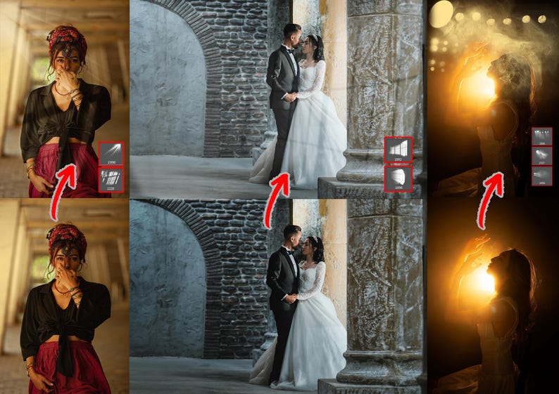 May include: A collection of images featuring a woman in a black top and red skirt, a couple in wedding attire, and a silhouette illuminated by light. The settings include outdoor locations with architectural features.