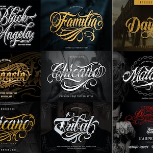 Lot de 40 polices de tatouage premium 5, conception de tatouages personnalisés, polices de logo, calligraphie lettres noires, police Photoshop, police Procreate