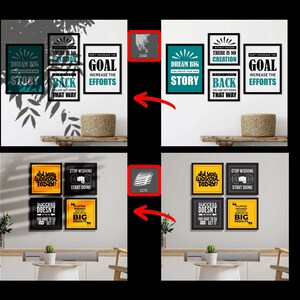 May include: A collection of framed motivational prints displayed on a wall. The top row features a teal framed print with "DREAM BIG STORY" and a black framed print with "GOAL INCREASE THE EFFORTS". The bottom row has four framed prints with motivational quotes.