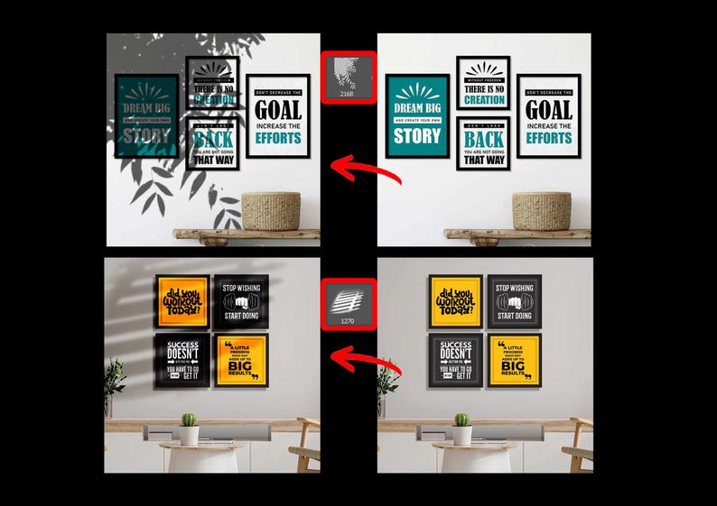 May include: A collection of framed motivational prints displayed on a wall. The top row features a teal framed print with "DREAM BIG STORY" and a black framed print with "GOAL INCREASE THE EFFORTS". The bottom row has four framed prints with motivational quotes.