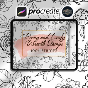 100+ Procreate Tattoo Peony and Leafy Wreath Stamp Brush Stencil Set, Floral stamp, Tattoo stamp