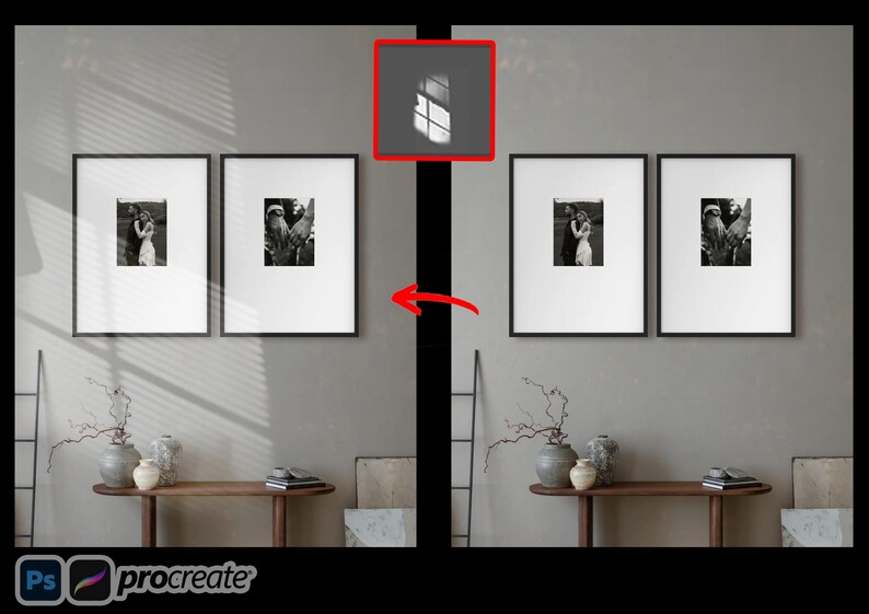 May include: Two framed black and white photographs hang on a grey wall, with a wooden console table below. The photos depict a couple and hands. Decorative vases and books are on the table. The image has a shadow of a window.