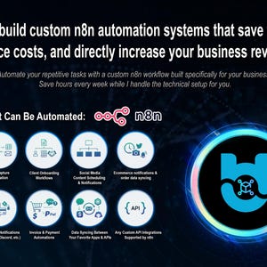 Könnte beinhalten: Digitales Grafikdesign, das n8n-Automatisierungssysteme bewirbt. Der Text lautet: „Ich entwickle kundenspezifische n8n-Automatisierungssysteme, die Zeit sparen, Kosten senken und Ihren Geschäftsumsatz direkt steigern.“