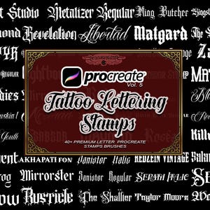 May include: A digital product image featuring a collection of tattoo lettering stamps for Procreate. The central design showcases a framed logo with the words "Tattoo Lettering Stamps" and "Procreate Vol. 5". Surrounding the central design are various font styles.