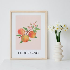 Premium matte paper poster with a wooden frame in a Mediterranean style with "El Durazno" design.