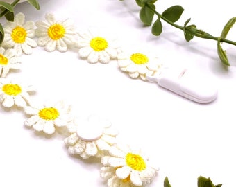 Nach Maß, Schnullerclip, Babypartygeschenk, Handgemacht, Blume, Gänseblümchen, Sonnenblume, Spitze