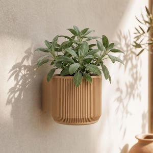 Op de afbeelding: Een cilindervormige wandplantenbak met een verticale geribbelde textuur in een matte bruine afwerking. De plantenbak bevat een groene bladplant met meerdere stengels en ovale bladeren, stevig bevestigd aan een vlak verticaal oppervlak.
