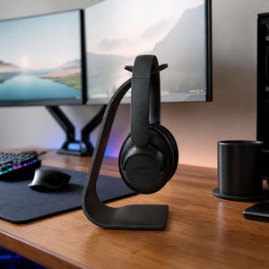 Può includere: Una cuffia nera over-ear è appesa a un supporto curvo nero per cuffie su una scrivania di legno. Sono visibili una tastiera, un mouse e un tappetino neri. Due monitor di computer mostrano un paesaggio. Una tazza nera e uno smartphone sono anche sulla scrivania.