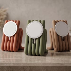 MagSafe Charger Stand for iPhone, Squiggle 3D Printed Ribbed Dock, 11 Matte Colors, Retro Portrait Desk Holder, Stand Only