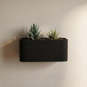 May include: A black, rectangular planter with horizontal ridges, mounted on a light-colored wall. The planter holds two small succulents with green and white patterned leaves. The overall theme is home decor.