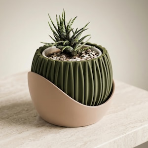 May include: A green, ribbed, spherical planter with a small succulent plant. The planter sits in a light brown, curved holder. The succulent has green and white striped leaves, and the planter is filled with small pebbles.