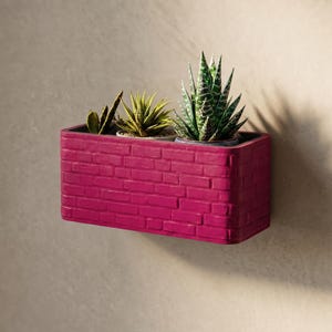 Puede incluir: Una maceta rectangular de pared con un patrón de ladrillo magenta texturizado. La maceta contiene tres pequeñas plantas suculentas en macetas con hojas verdes y puntiagudas. El recipiente está montado en una pared clara.