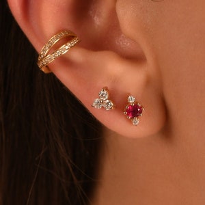 Diamond Trio Earrings, 14K Solid Gold Three Diamond Cluster Earring, 3 Stone Diamond Tragus Earrings, Real Diamond Trinity Helix Earrings